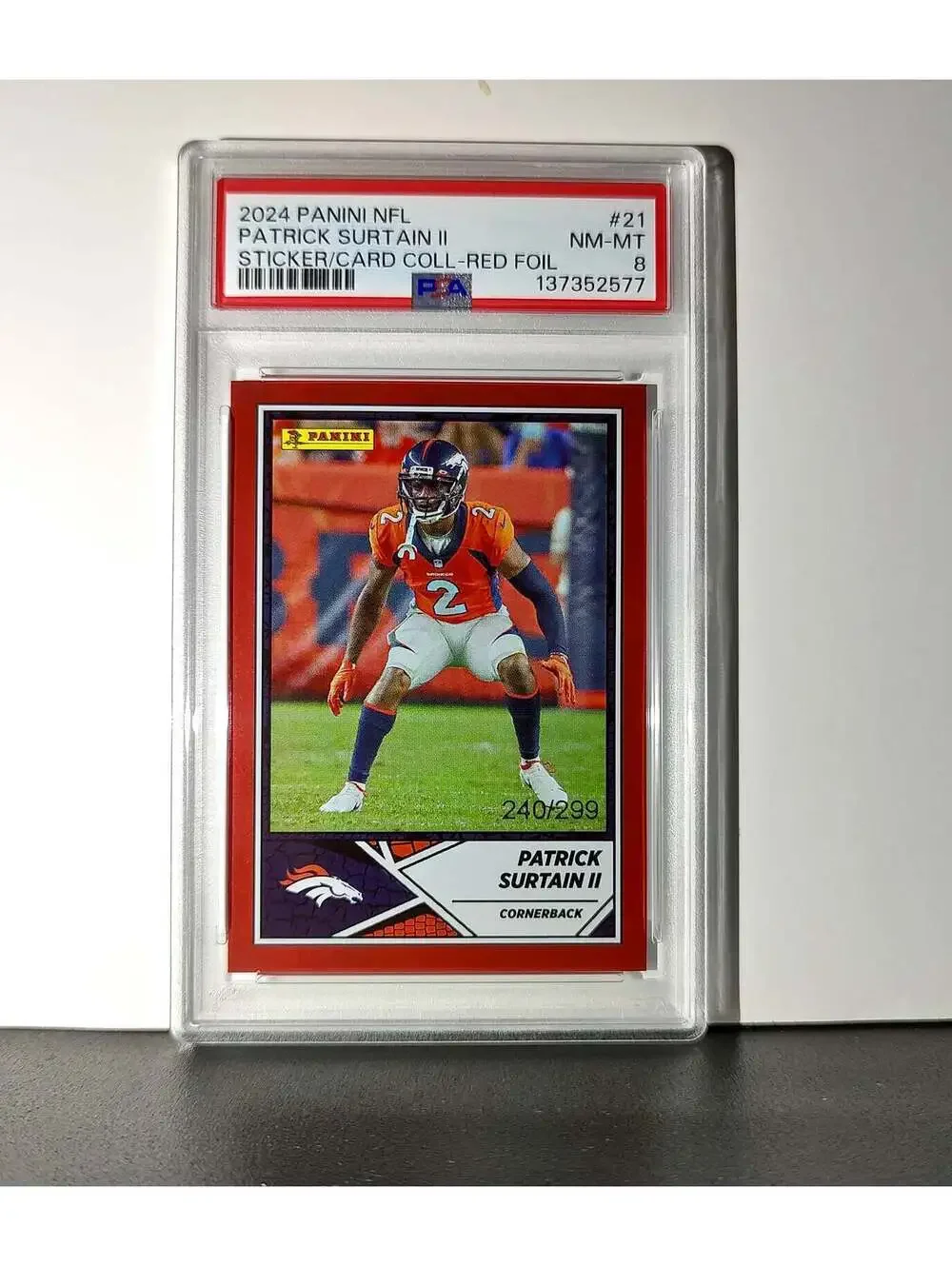 Patrick Surtain II Rookie 2024 Panini Sticker 240/299 #21 Red Foil PSA 8 NM-MT